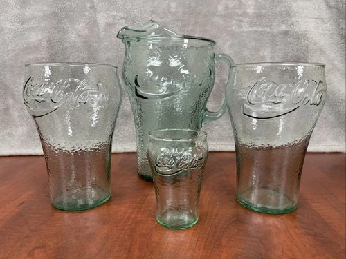 Vintage Coca-Cola Embossed Green Glass Set 4 Pc 64oz Pitcher, (2) 32oz, & 7 oz