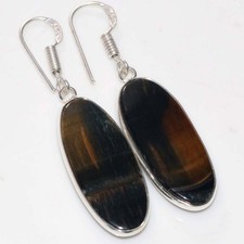 Bezel Black Tiger Eye 925 Silver Plated Earrings 1.9