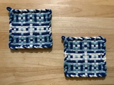 Handmade 2 Cotton Woven Potholders 4 Colors Blue Powder Blue Robin's Egg White