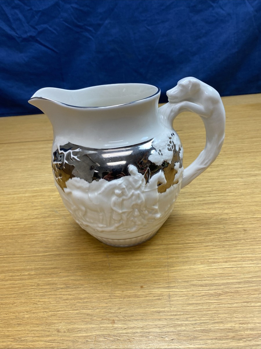 Wedgwood 7 1/8”Pitcher Embossed Hunt Scene Dogs Horses Etruria