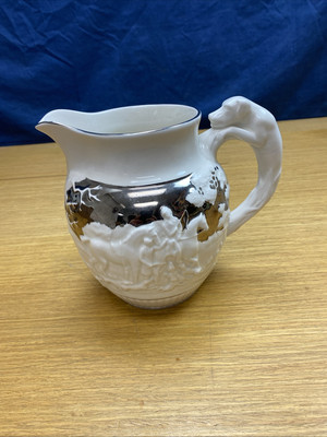 Wedgwood 7 1/8”Pitcher Embossed Hunt Scene Dogs Horses Etruria