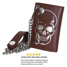 Leatherboss Genuine Leather Men Cool Skull Trifold Wallet Chain Biker, Brown