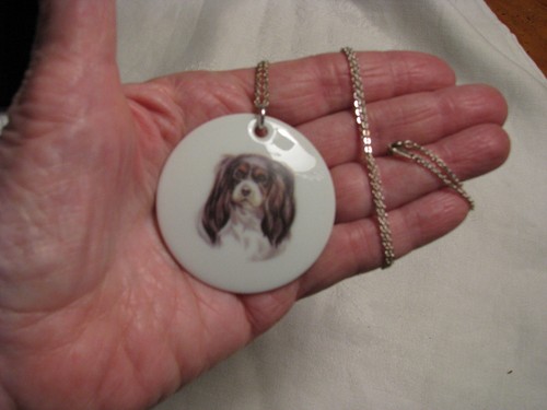 Cavalier King Charles Spaniel Dog 2" Porcelain Necklace W/24" Silvertone Chain