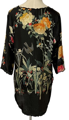 Johnny Was Charlotte Rose Size PM Silk Tunic Black Floral Birds Easy Care FLAW - Picture 6 of 12