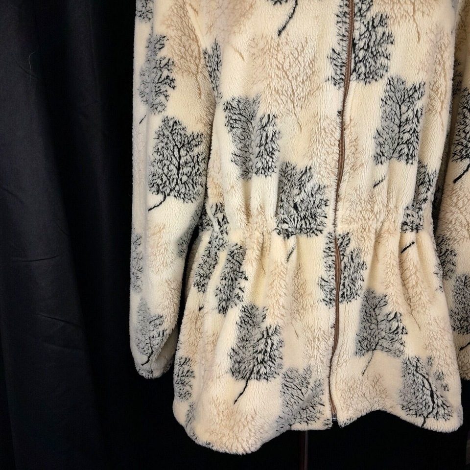 Woolrich Hooded Fleece Jacket Womens Large Beige Leaves Pockets Vintage