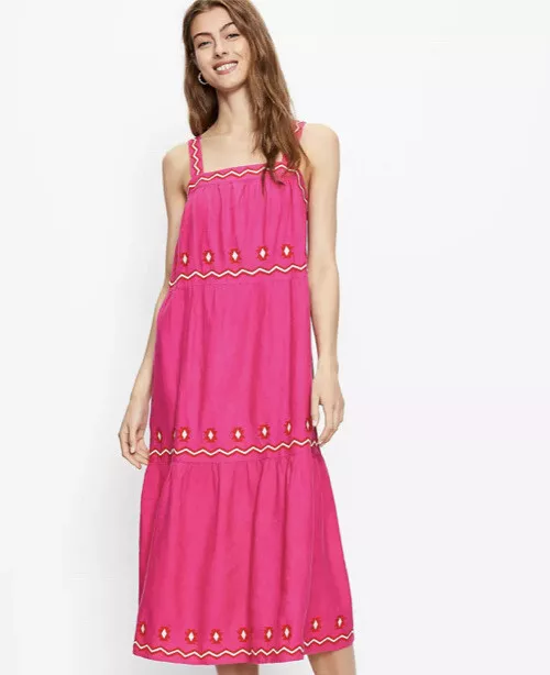 NWT LOFT Embroidered Tiered Square Neck Midi Dress - Pink Flare - Size  Large | eBay