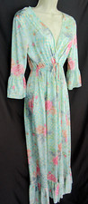 Vintage 70s Vanity Fair Blue Floral Rose Robe Hostess Dressing Gown Ruffle Mod