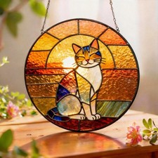 Handmade Stained Glass Cat Suncatcher, Sunset Cat Window Hanging, Round decor