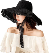 Lace Beach Sun Hat Women Wide Brim Fishermen Hat Floppy Foldable One Size Black