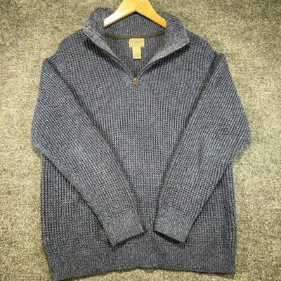 L.L. Bean Waffle Knit 1/4 Zip Sweater Men Medium Blue Marled Chunky Cotton Blend