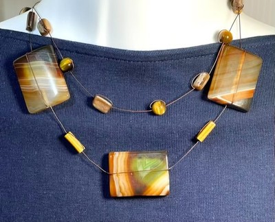 Double Strand Multi Gemstone Necklace Large Brown Green Agate Beads Copper Wire