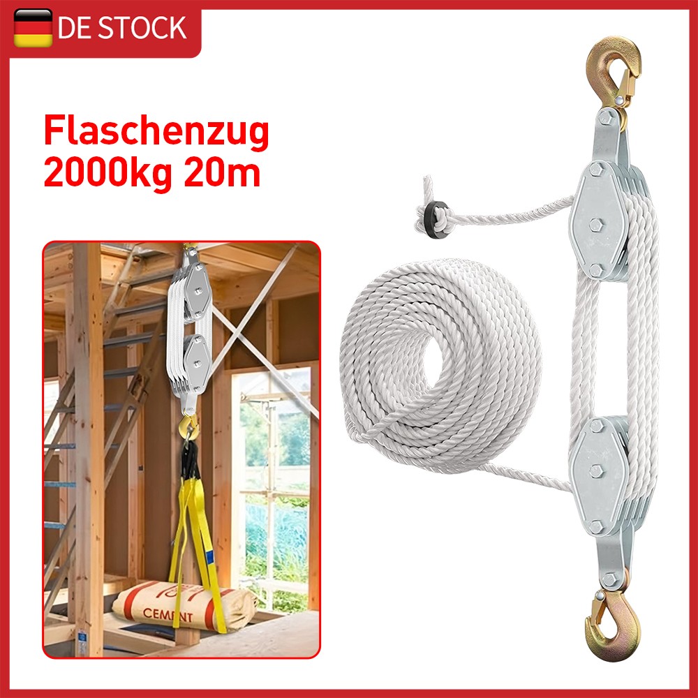 Flaschenzug 2000kg 20m Handseilwinde Seilzug Hebezug Lastenzug Universalseilzug