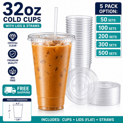 32oz Clear Plastic Cups with Lids & Straws PET Cold Cups BPA Free 50-500 Sets