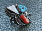 Vintage Apachito Southwestern Turquoise Coral Mother Of Pearl Silver Ring Size 7