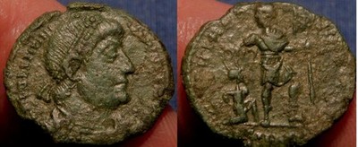 MORTWN Valentinian I AE3 Heraclea 365AD Emperor Holding labarum Dragging Captive