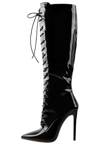 Onlymaker Damen Sexy Spitz zulaufend Schnürung Kniehoch Stiletto Absatz Reißverschluss Stiefel - Bild 29 von 73