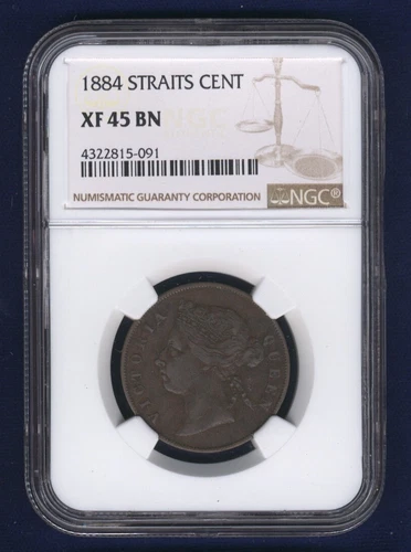 STRAITS SETTLEMENTS VICTORIA  1884  1 CENT COIN, CERTIFIED NGC XF-45-BN