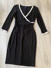 Chaps Black White Trim 3/4 Sleeve Faux Wrap Jersey Sheath Dress Sz XS