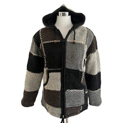 Patchwork Wolljacke Unisex Nepal Strickjacke Goa Jacke Wolle gefüttert Kapuze
