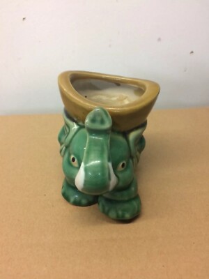 Vintage Elephant With His Trunk Facing Up  Ceramic Planter Green Pot