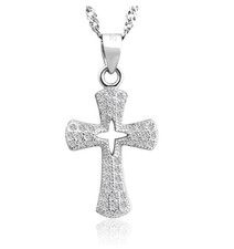 S925 Sterling Silver Micro Pave CZ Cross Pendant Necklace with 18-inch Chain J17