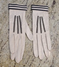 Vintage Size XS 6 3/4 Beige Black Leather 9" Formal Gloves Stripe Wrist Snap