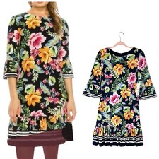 Eliza J Tropical Short Dress Sz 8 Ponte Knit Bell Sleeve Floral NWT Ruffled Hem