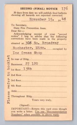 State Fire Prevention Assn. Final Notice ROCHESTER Minnesota Ice Cream Shop 1948