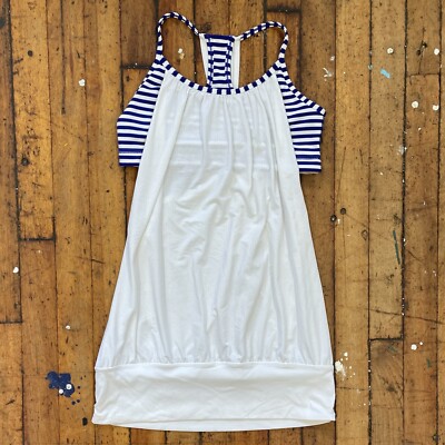 LULULEMON No Limits Built In Blue & White Striped Bra / White Tank Top