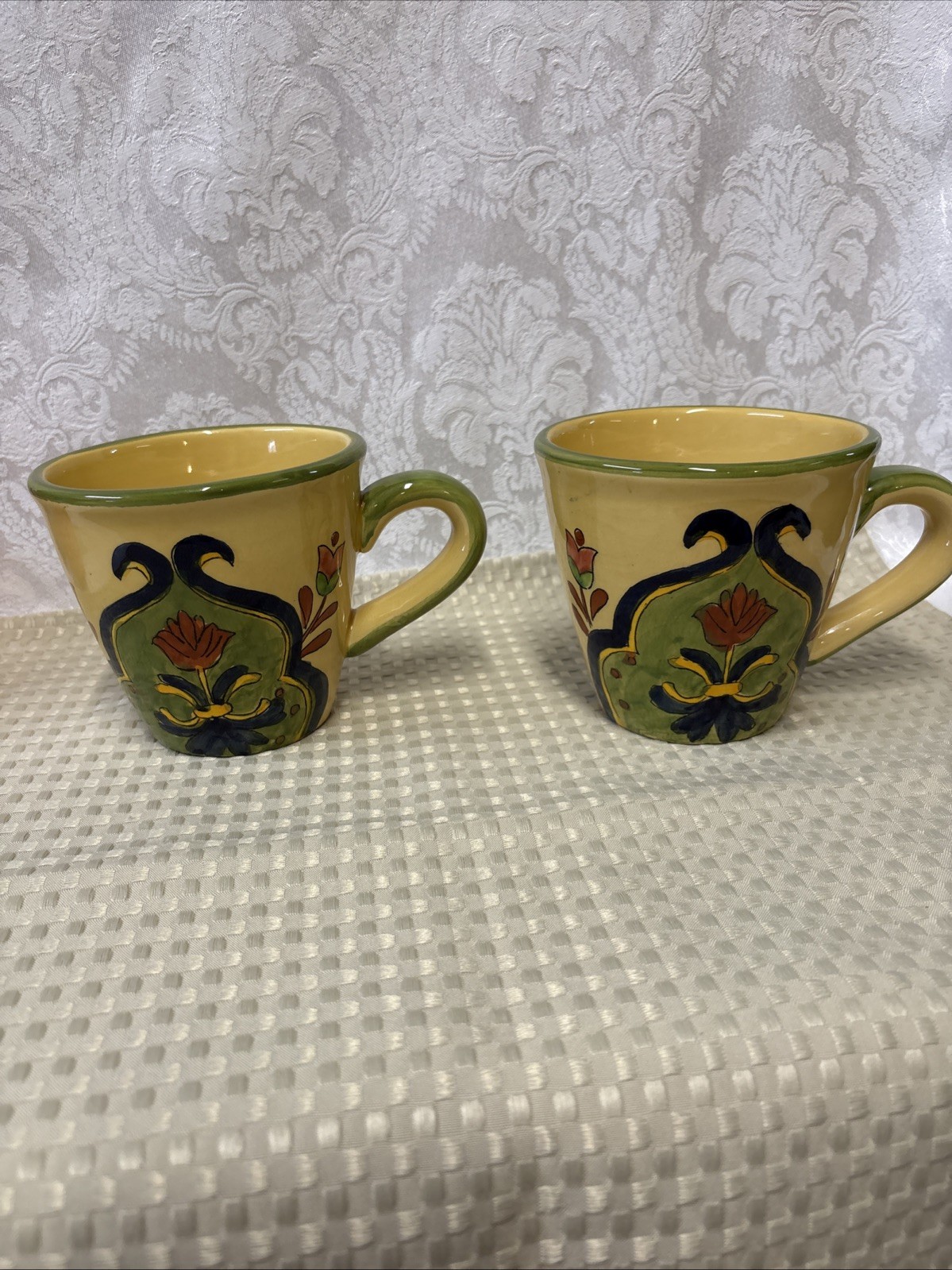 Pair Of Talavera Large Porcelain Coffee Mugs Cups Hand-Painted Flowers