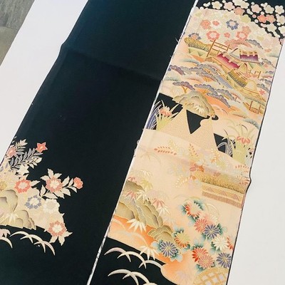 Valley #Eset 3.22yd LONG Hand Painted Tomesode Black Silk Kimono Fabric ToF80