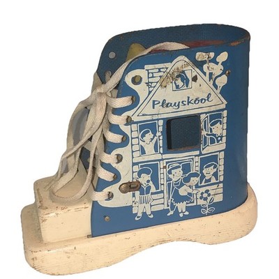 Vintage Original Playskool Wooden Lacing Boot Old Lady In Shoe Learn To Tie Fun