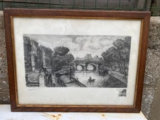 AIME DALLEMAGNE OLD ENGRAVING ETCHING PARIS BRIDGE SIGNED NUMBERED