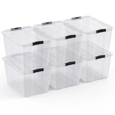 6-Pack Stackable 34 Quart Plastic Tote Boxes - Secure Latches for Easy Storage