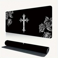 40 90cmLarge Gothic Cross  Roses Gaming Mouse Pad - Black  White Aesthetic Des