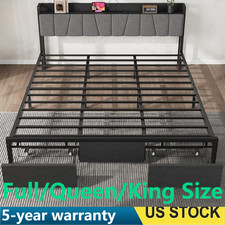 Full/Queen/King Size Bed Frame Platform Bed Frame W/ Charging Station  2 Drawer