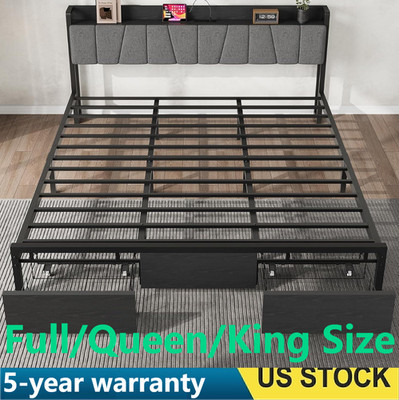 Full/Queen/King Size Bed Frame Platform Bed Frame W/ Charging Station & 2 Drawer