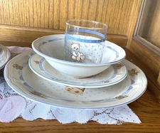 Vintage Tienshan Country Bear 2 place settings dinner salad dish bowl and Glass