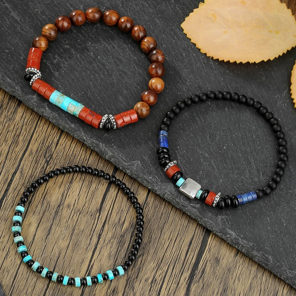 3Pcs/Set Mens Tribal Beaded Bracelet Set Turquoise Black Red Handmade Jewelry - Image 2 of 4