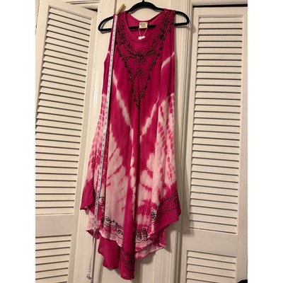 Exist Pink Shibori Maxi Dress Black Embroidered Whimsigoth Sharkbite hem. OS