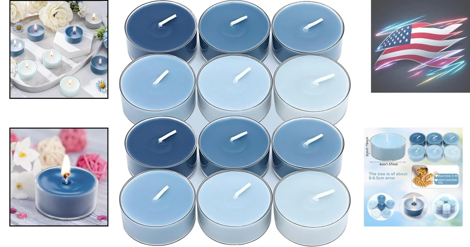 12 velas de luz de té redondas azules - aromas calmantes para el hogar y ocasiones especiales Foto 2 de 4