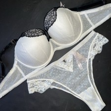 Victoria's Secret 32DDD BRA SET S Panty Black coconut WHITE lace mesh Polka Dot
