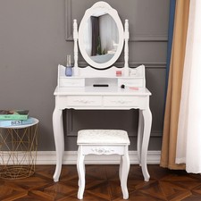 Oval Mirror Makeup Vanity - 4 Drawers White