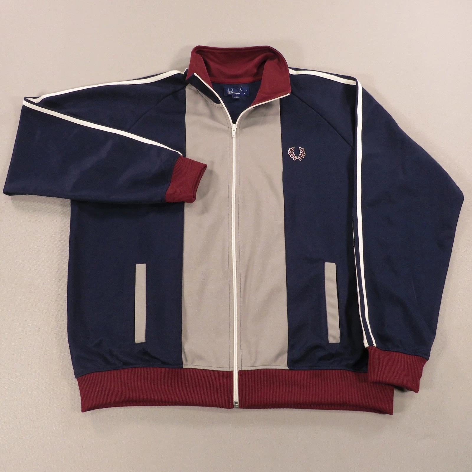 Fred Perry Jacket Men XL Navy Grey Burgundy Full Zip Up Track Bomber Sport Logo image 1