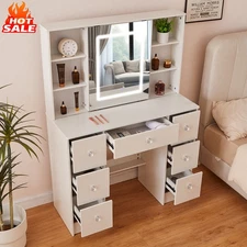 LED Lighted Mirror Vanity Desk Makeup Dressing Table with 7 Drawers & 6 Shelves