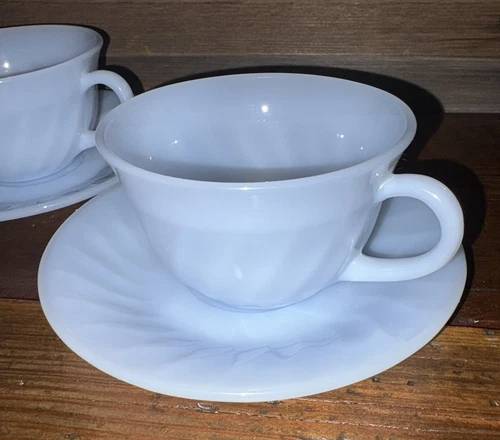 Vintage Fire King Azurite Coffee Cups Saucers 2 SETS Blue Swirl Pattern Round