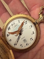 Colibri Eagle Design Quartz Pocket Watch Shows Date, W/ Chain, New Battery