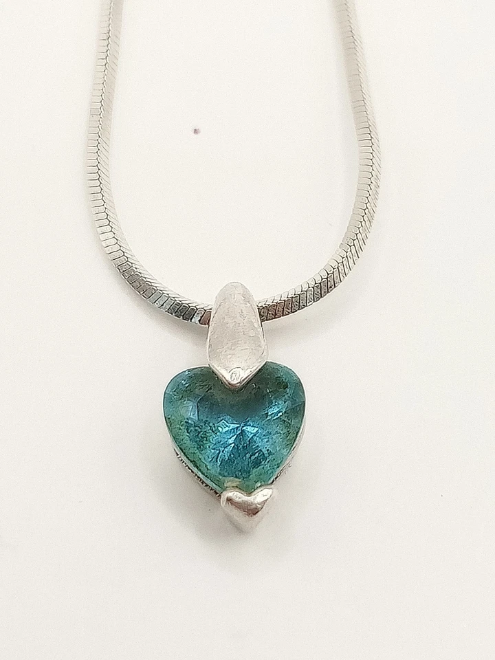 Collana Donna Argento 925 Ciondolo Cuore Acquamarina? Topazio? Zircone Cubico? - Immagine 3 di 4