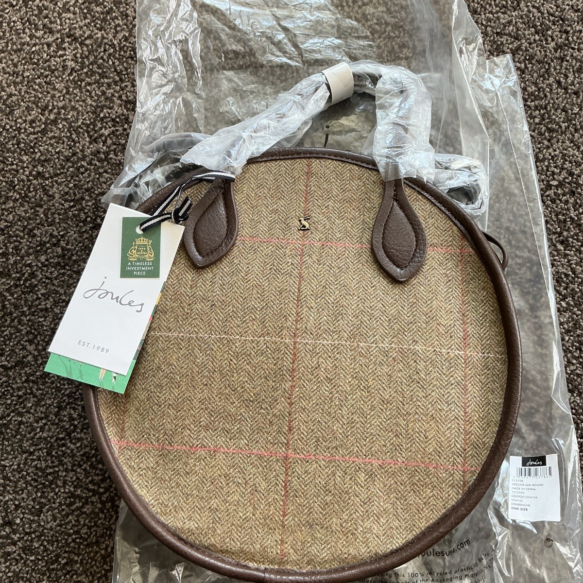 Joules Adeline Mini Ladies Round Tweed Bag Dark Brown Check BNWT A531