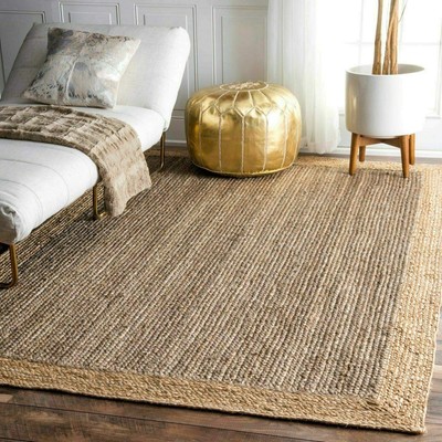 - Handmade Jute Rug Grey with Beige Border Rectangle Hand Woven Farmhouse Jut...